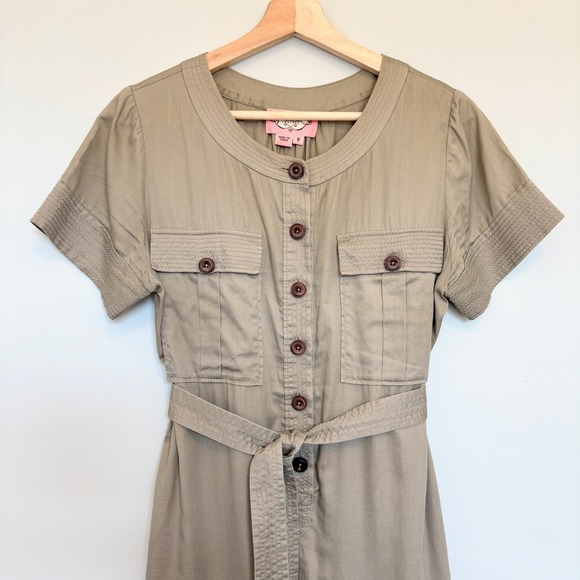 Phoebe Couture Size 8 Safari Shirt Dress Short Sleeve Midi Buttons Khaki Utility - Picture 6 of 13
